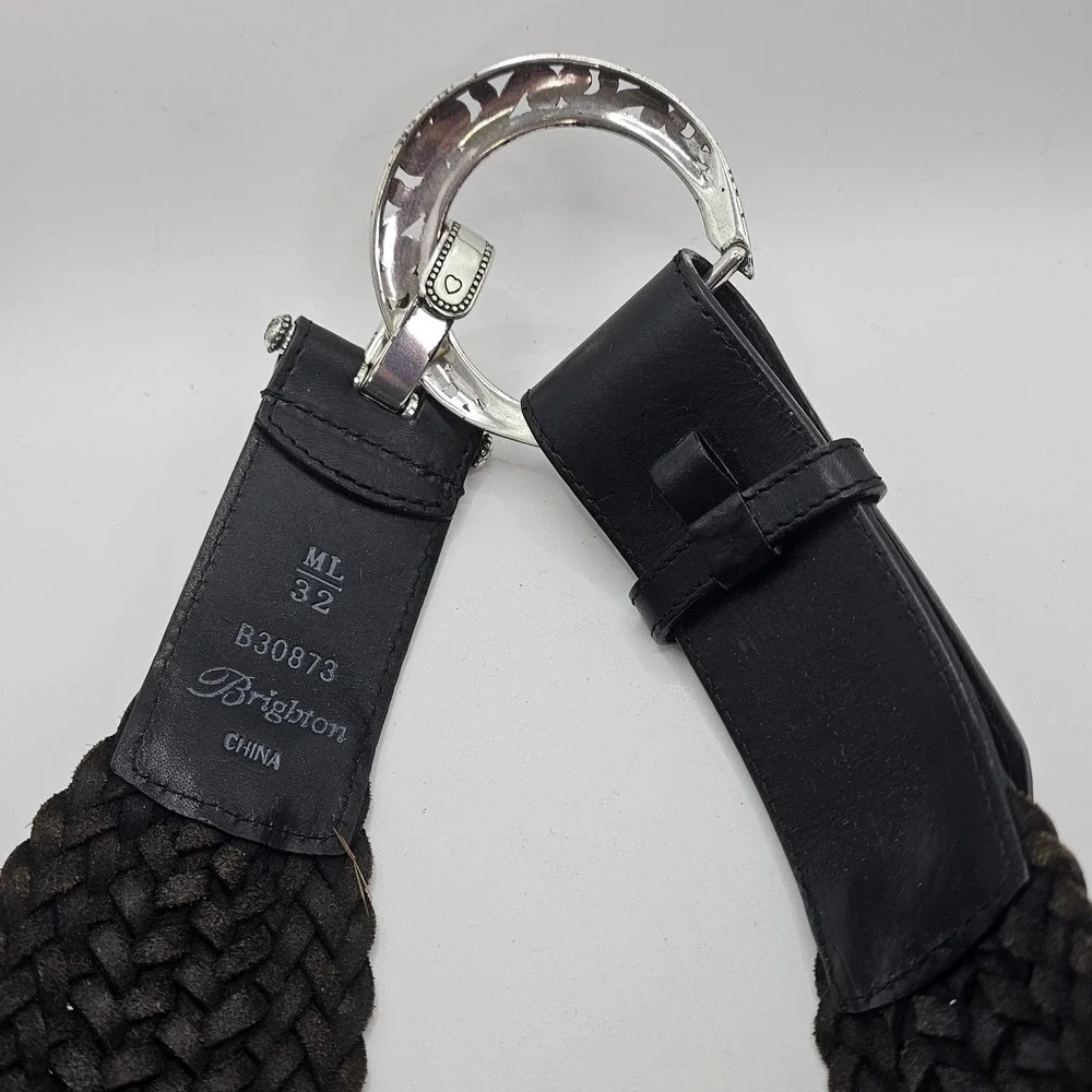 Brighton Braided‎ Leather Belt Black Horseshoe Heart Buckle Womens ML 32